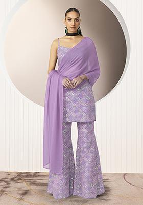 Purple Embroidery Net Sharara set