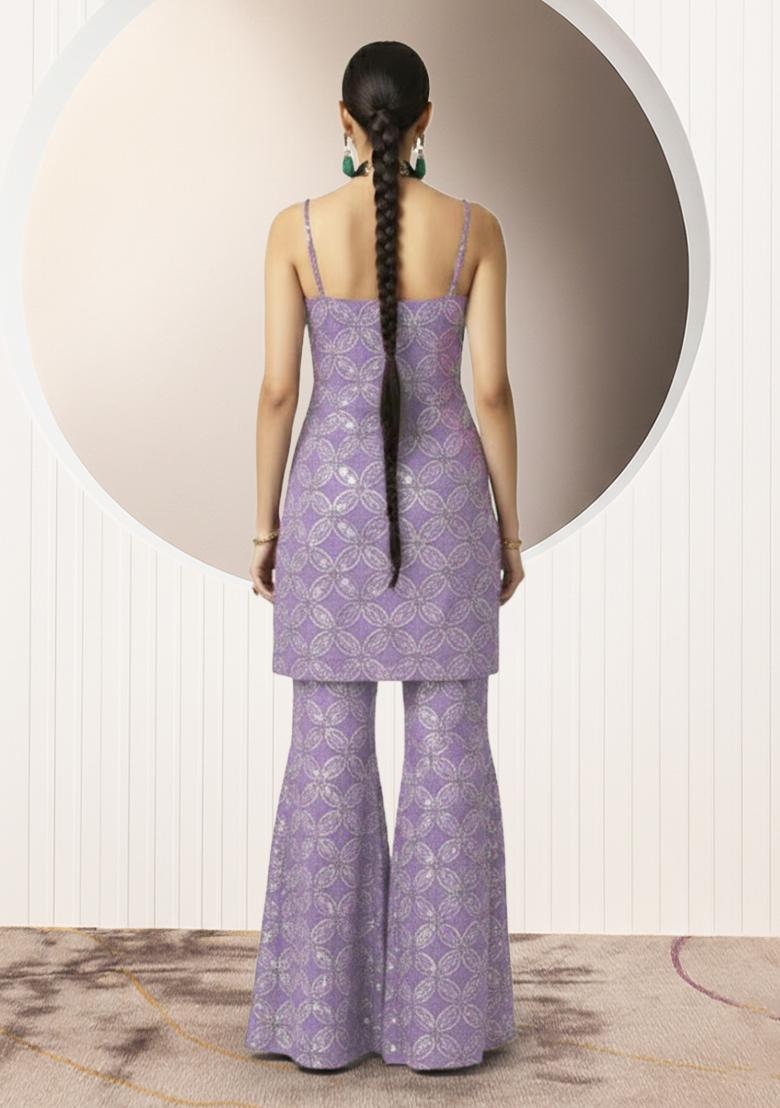 Purple Embroidery Net Sharara set - Indya