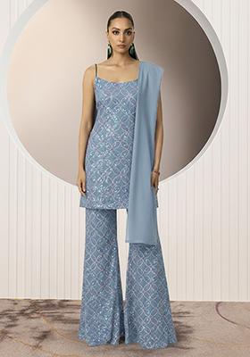 Grey Embroidery Net Sharara set