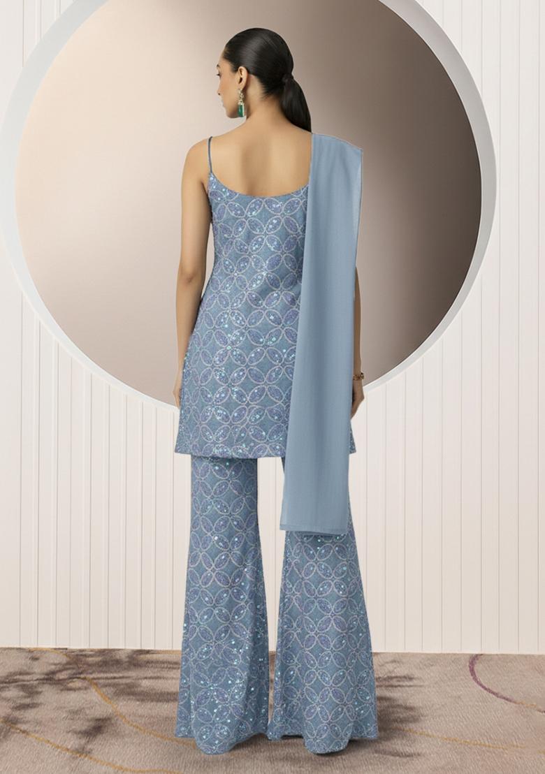 Grey Embroidery Net Sharara set - Indya