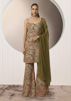 Beige Embroidery Poly Blended Sharara set