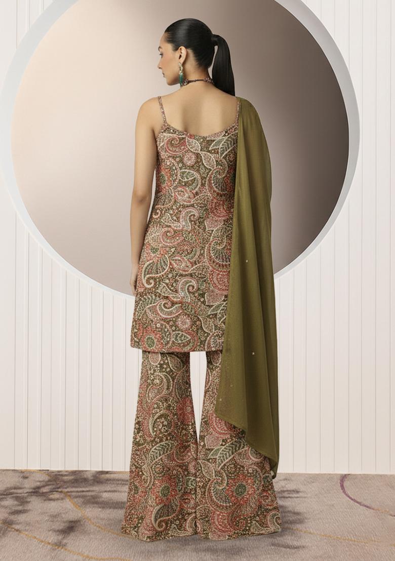 Beige Embroidery Poly Blended Sharara set - Indya