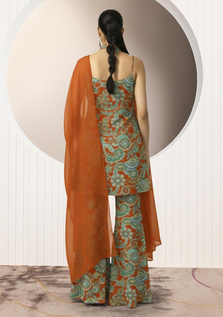 Orange Embroidery Poly Blended Sharara set - Indya