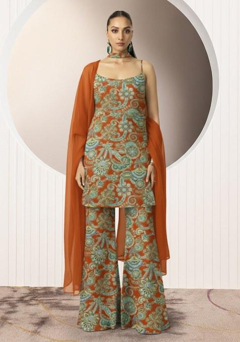 Orange Embroidery Poly Blended Sharara set