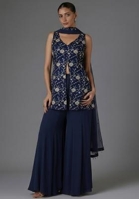 Navy Blue Floral Embroidery Fendy Silk Sharara set