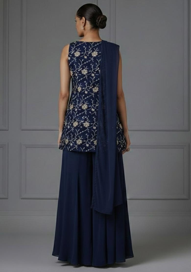 Navy Blue Floral Embroidery Fendy Silk Sharara set - Indya
