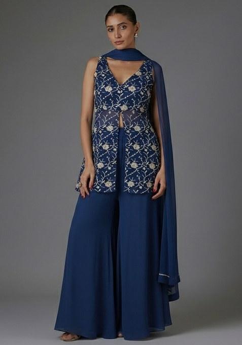 Navy Blue Floral Embroidery Fendy Silk Sharara set