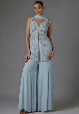 Light Blue Floral Embroidery Fendy Silk Sharara set