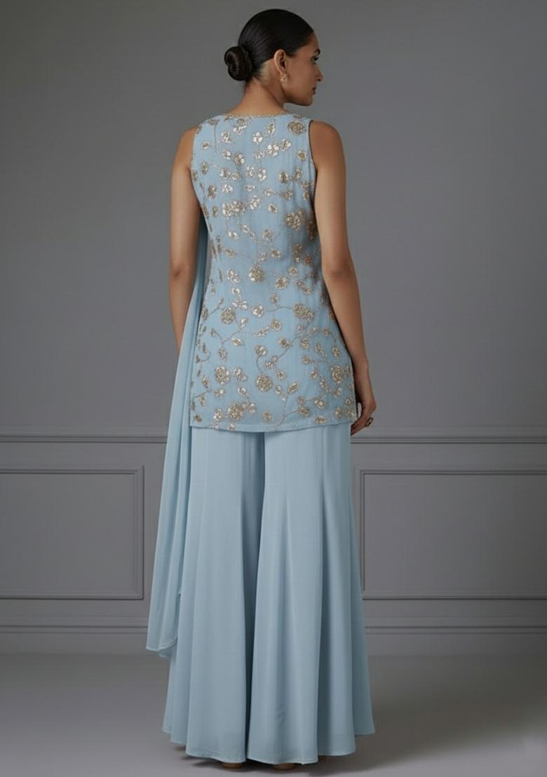 Light Blue Floral Embroidery Fendy Silk Sharara set - Indya