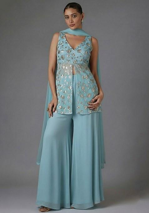 Light Blue Floral Embroidery Fendy Silk Sharara set
