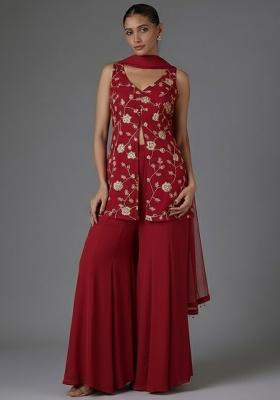 Maroon Floral Embroidery Fendy Silk Sharara set