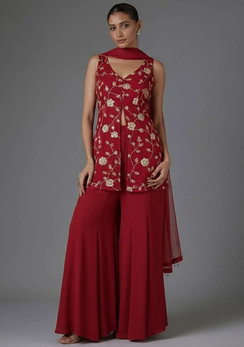 Maroon Floral Embroidery Fendy Silk Sharara set - Indya