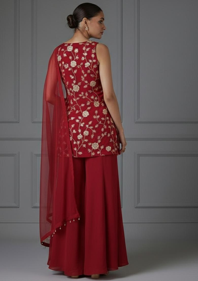 Maroon Floral Embroidery Fendy Silk Sharara set - Indya