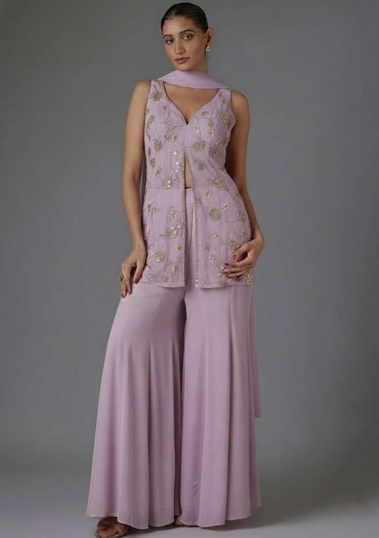 Soft Lilac Floral Embroidery Fendy Silk Sharara set - Indya