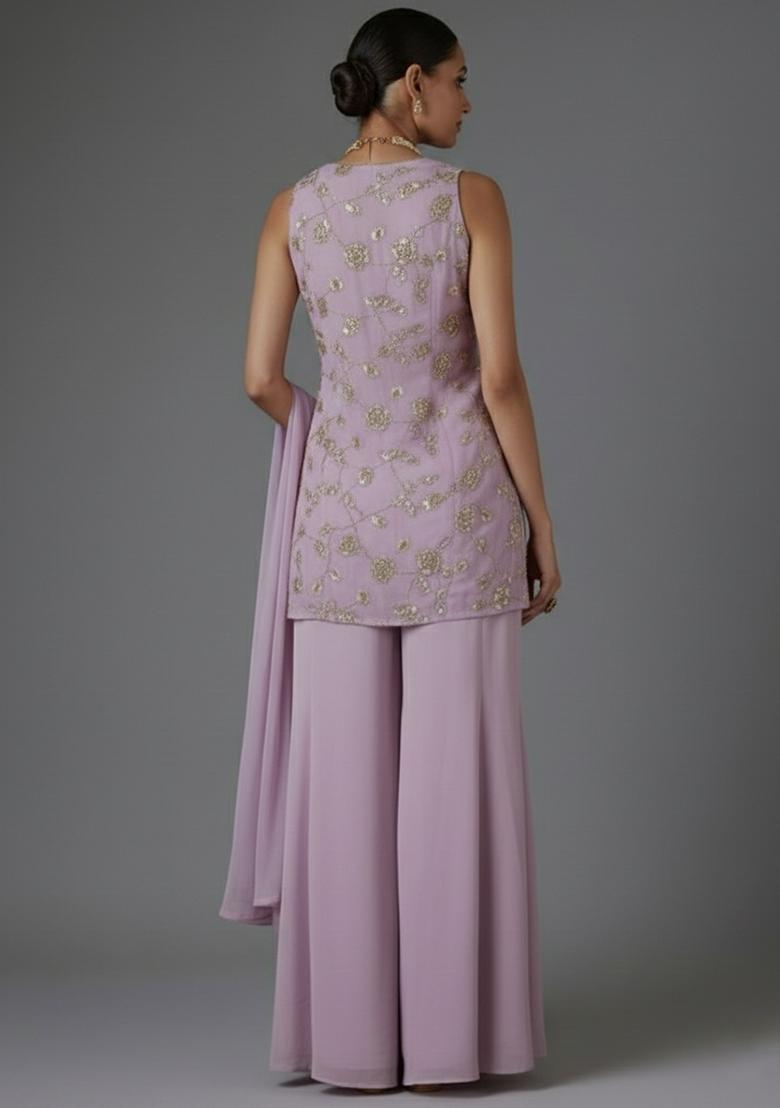Soft Lilac Floral Embroidery Fendy Silk Sharara set - Indya