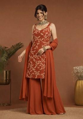 Rust Embroidered Crepe Sharara Set