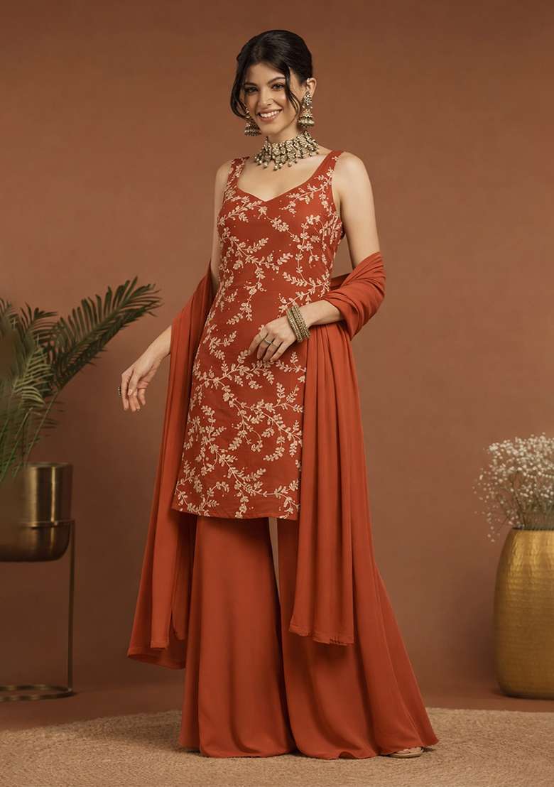 Rust Embroidered Crepe Sharara Set - Indya