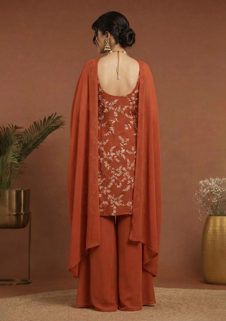 Rust Embroidered Crepe Sharara Set - Indya