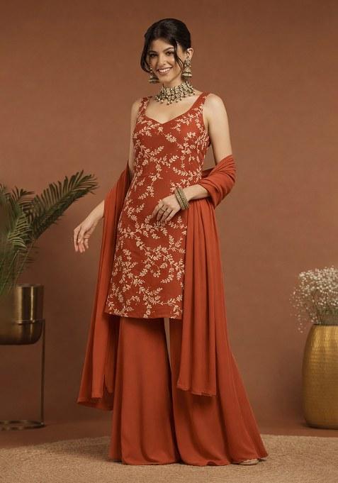 Rust Embroidered Crepe Sharara Set