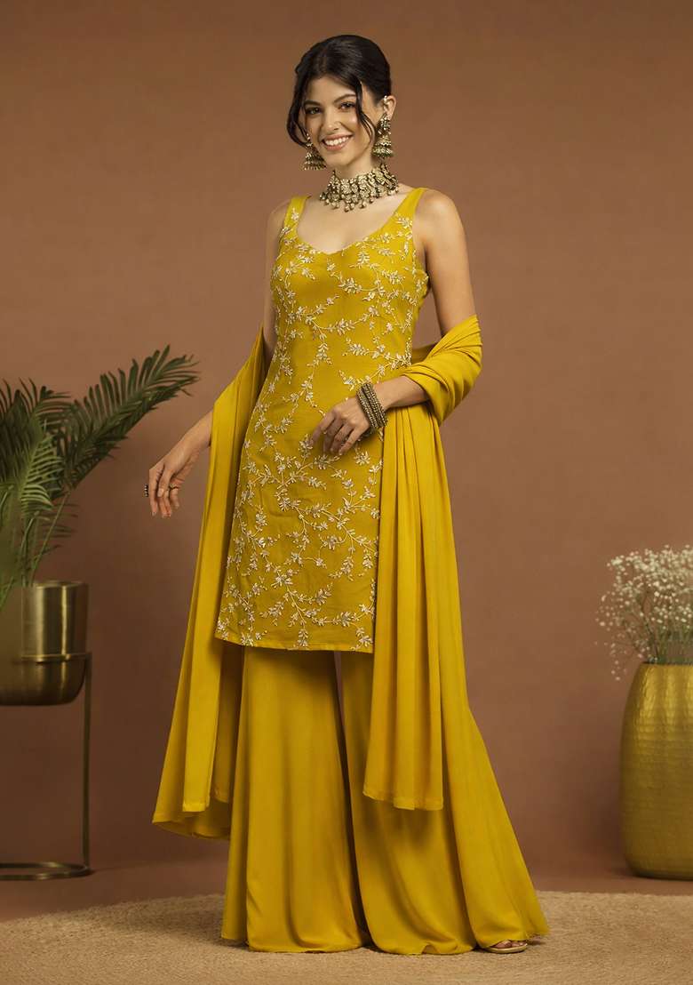 Yellow Embroidered Crepe Sharara Set - Indya