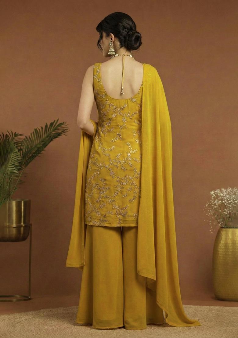 Yellow Embroidered Crepe Sharara Set - Indya