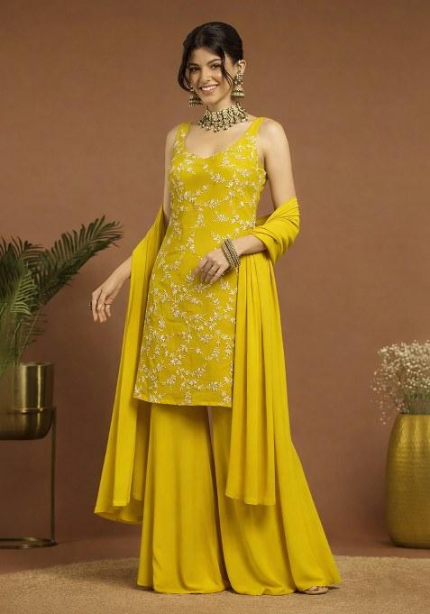 Yellow Embroidered Crepe Sharara Set
