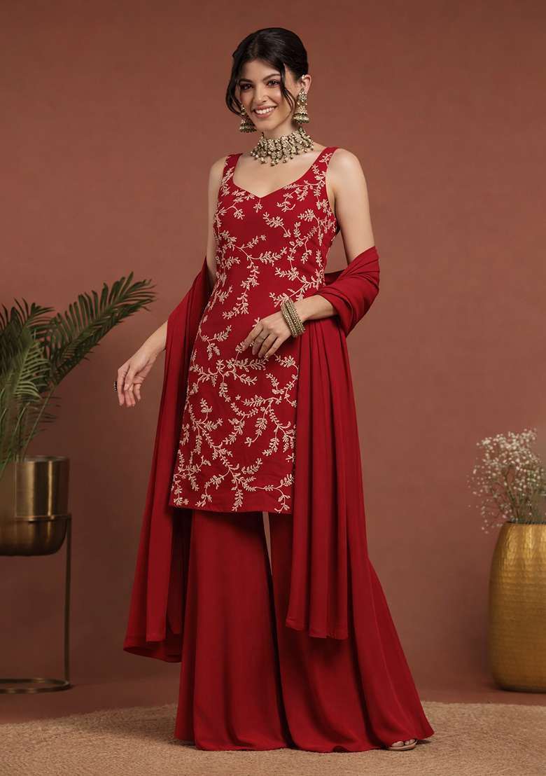 Red Embroidered Crepe Sharara Set - Indya