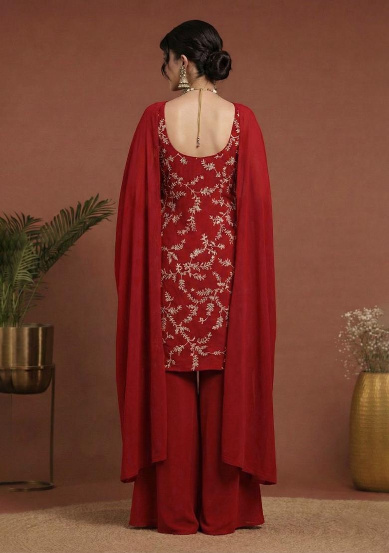 Red Embroidered Crepe Sharara Set - Indya