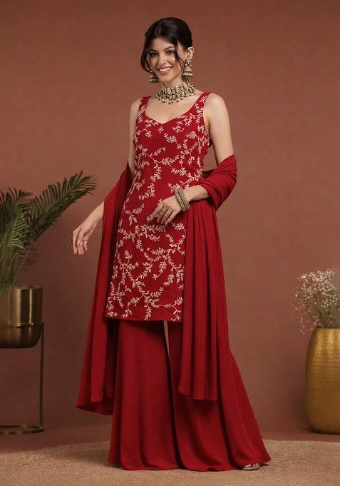 Red Embroidered Crepe Sharara Set