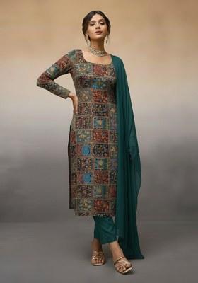 Teal Green Embroidered Crepe Kurta Set