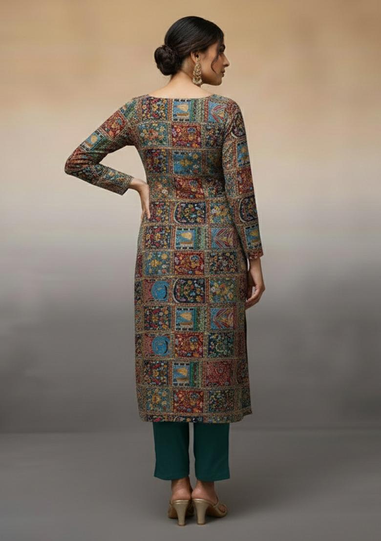 Teal Green Embroidered Crepe Kurta Set - Indya