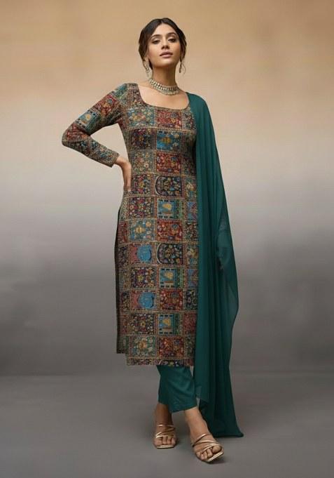 Teal Green Embroidered Crepe Kurta Set