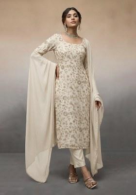 Beige Embroidered Crepe Kurta Set