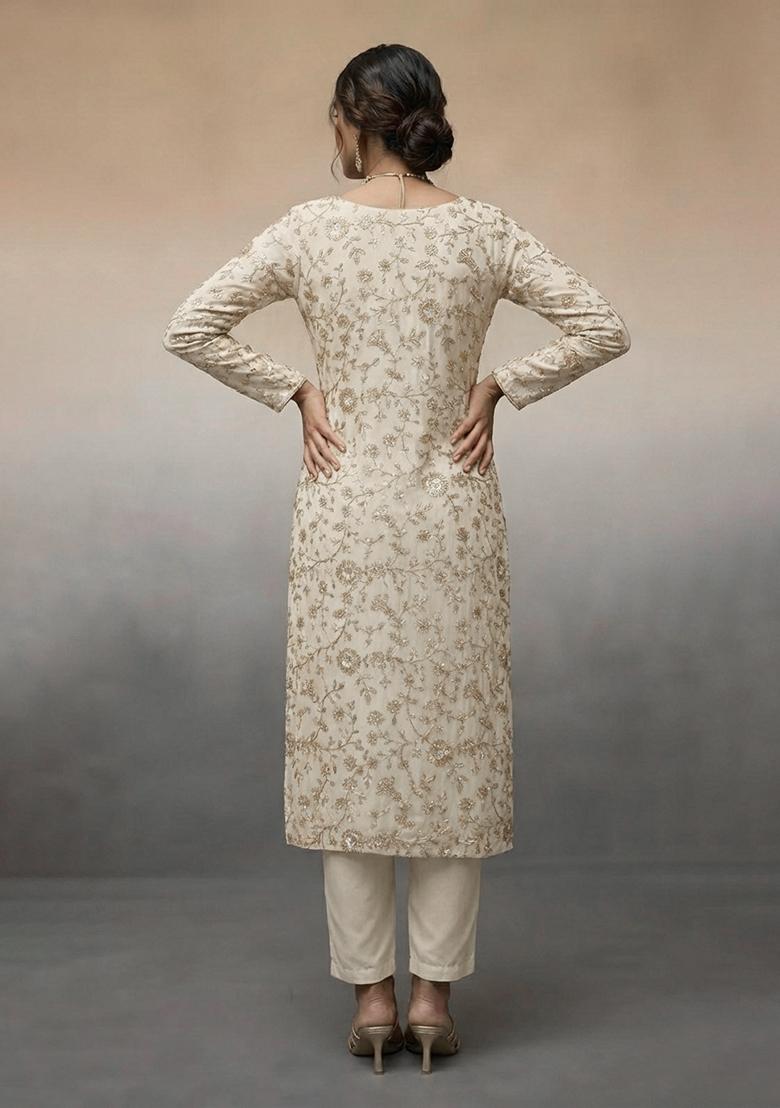 Beige Embroidered Crepe Kurta Set - Indya