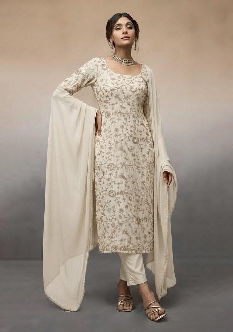 Beige Embroidered Crepe Pakistani Suit Set