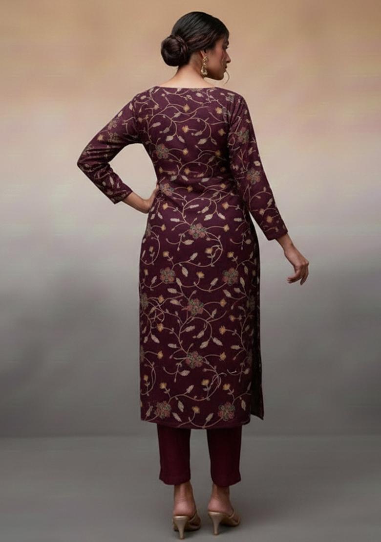 Purple Embroidered Silk Kurta Set - Indya