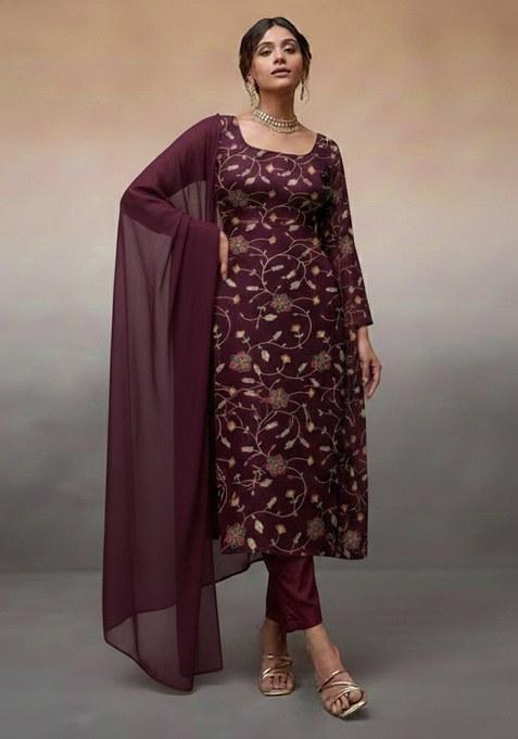 Purple Embroidered Silk Kurta Set