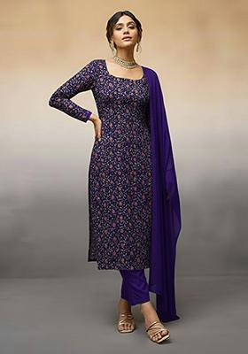 Dark Blue Embroidered Silk Kurta Set