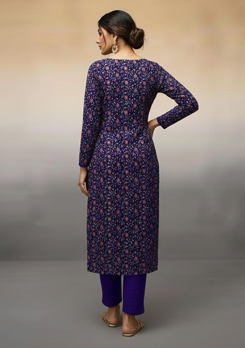 Dark Blue Embroidered Silk Kurta Set - Indya