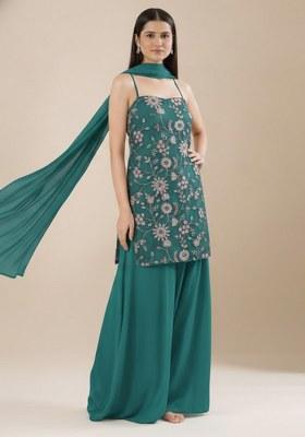 Teal Blue Embroidered Sharara Set