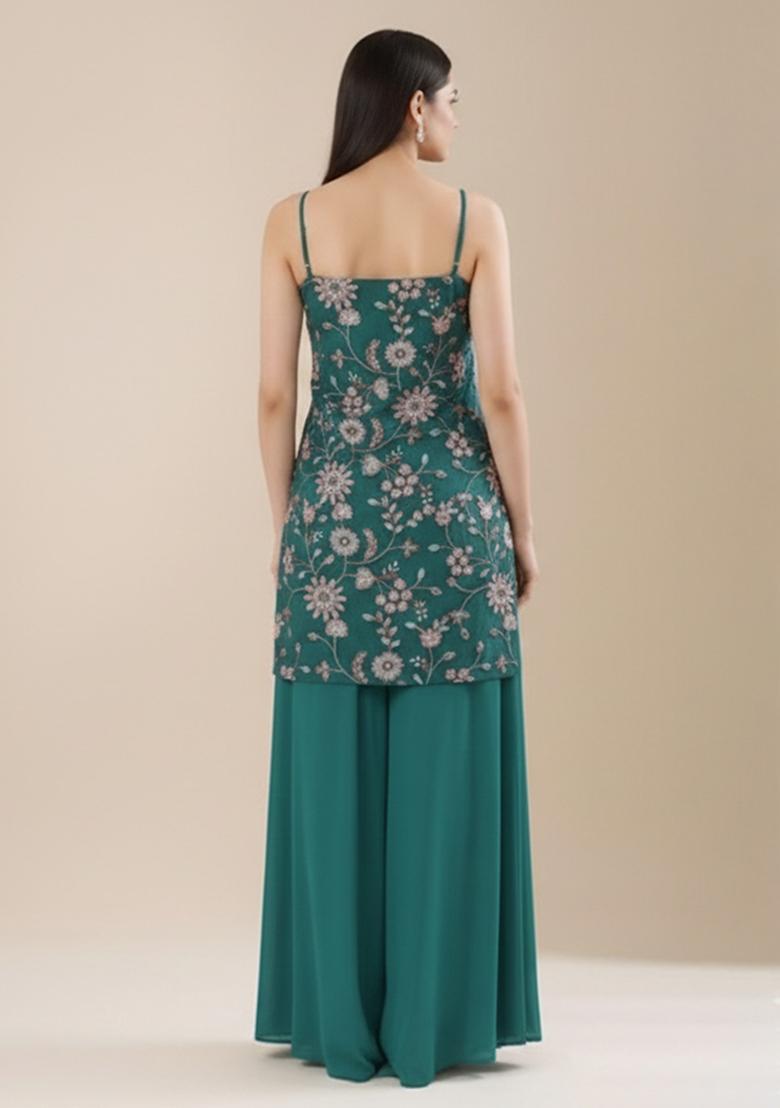 Teal Blue Embroidered Sharara Set - Indya