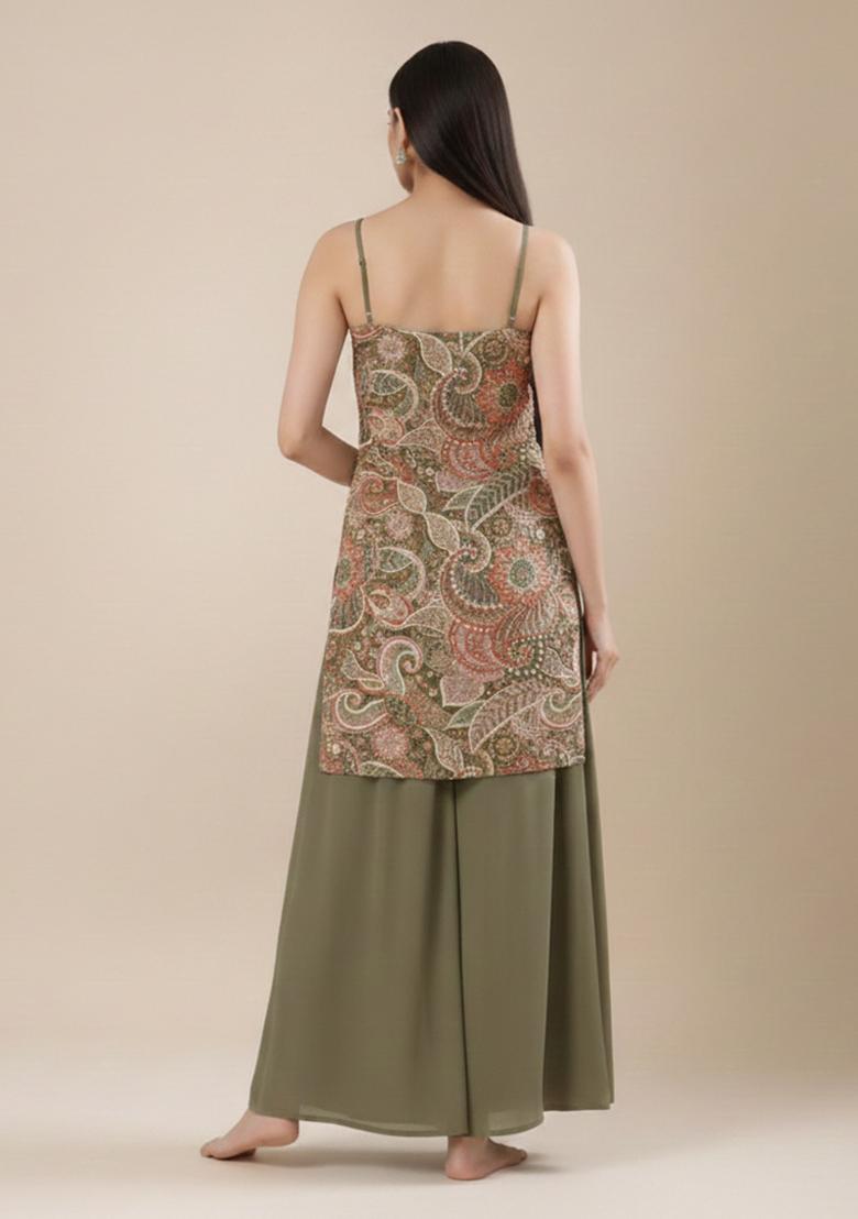 Green Embroidered Sharara Set - Indya