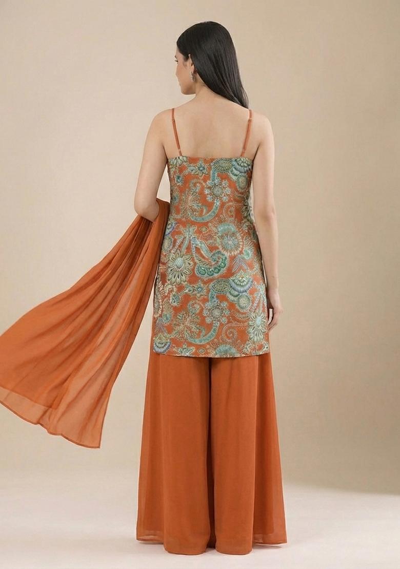 Orange Paisley Print Sharara Set - Indya