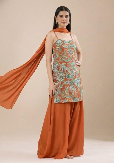 Orange Paisley Print Sharara Set