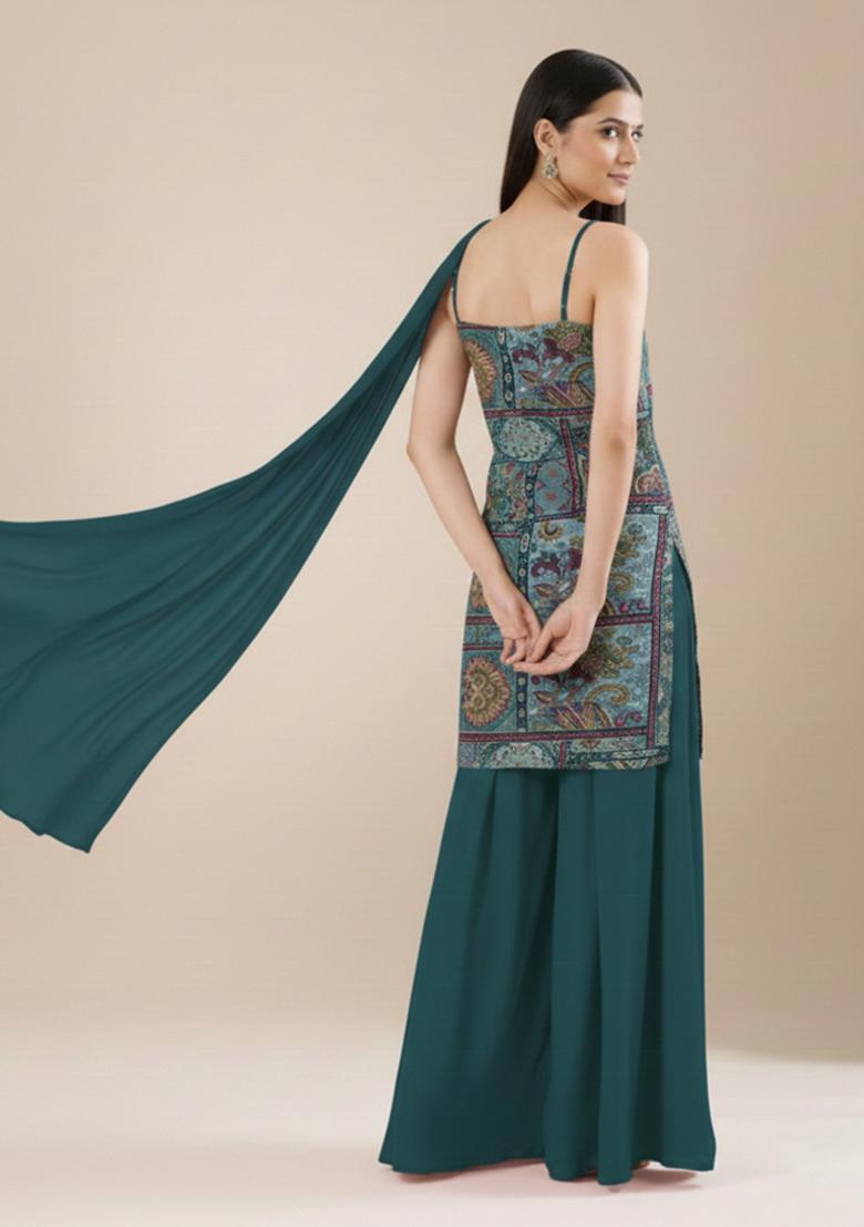 Teal Green Figure Print Sharara Set - Indya