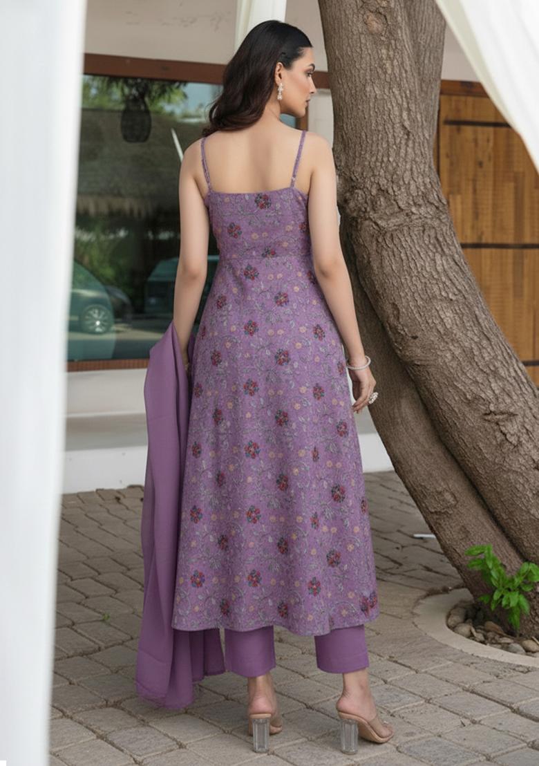 Purple Embroidered Silk Kurta Set - Indya