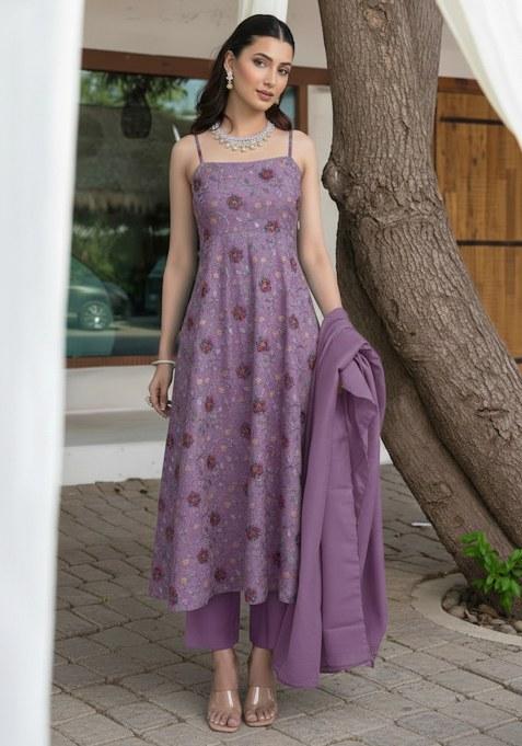 Purple Embroidered Silk Kurta Set