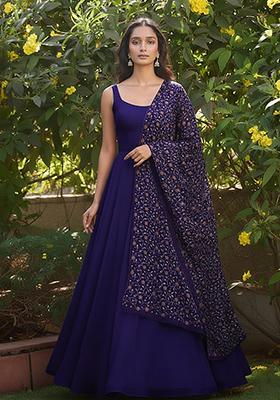 Royal Blue Embroidered Silk Anarkali Set