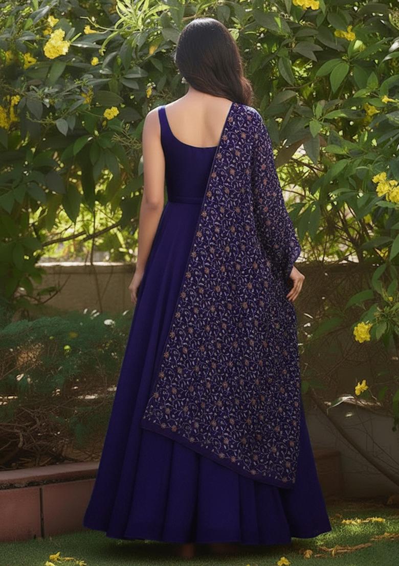 Royal Blue Embroidered Silk Anarkali Set - Indya