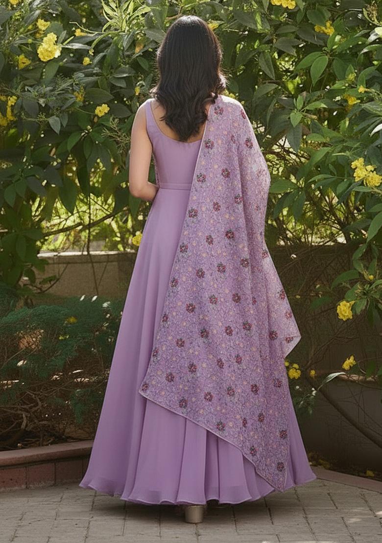 Light Purple Embroidered Silk Anarkali Set - Indya